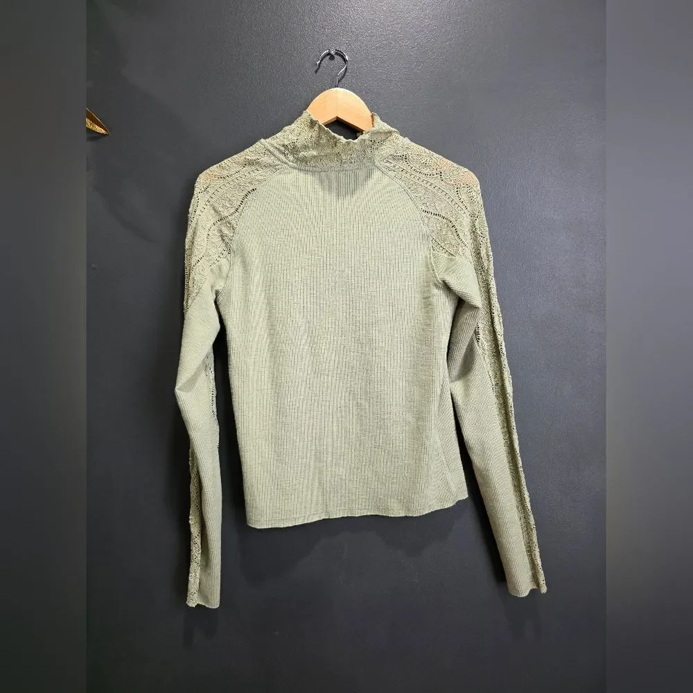 Free People Green High Neck Lace Frankie Cuff Long Sleeve Top Sz XL